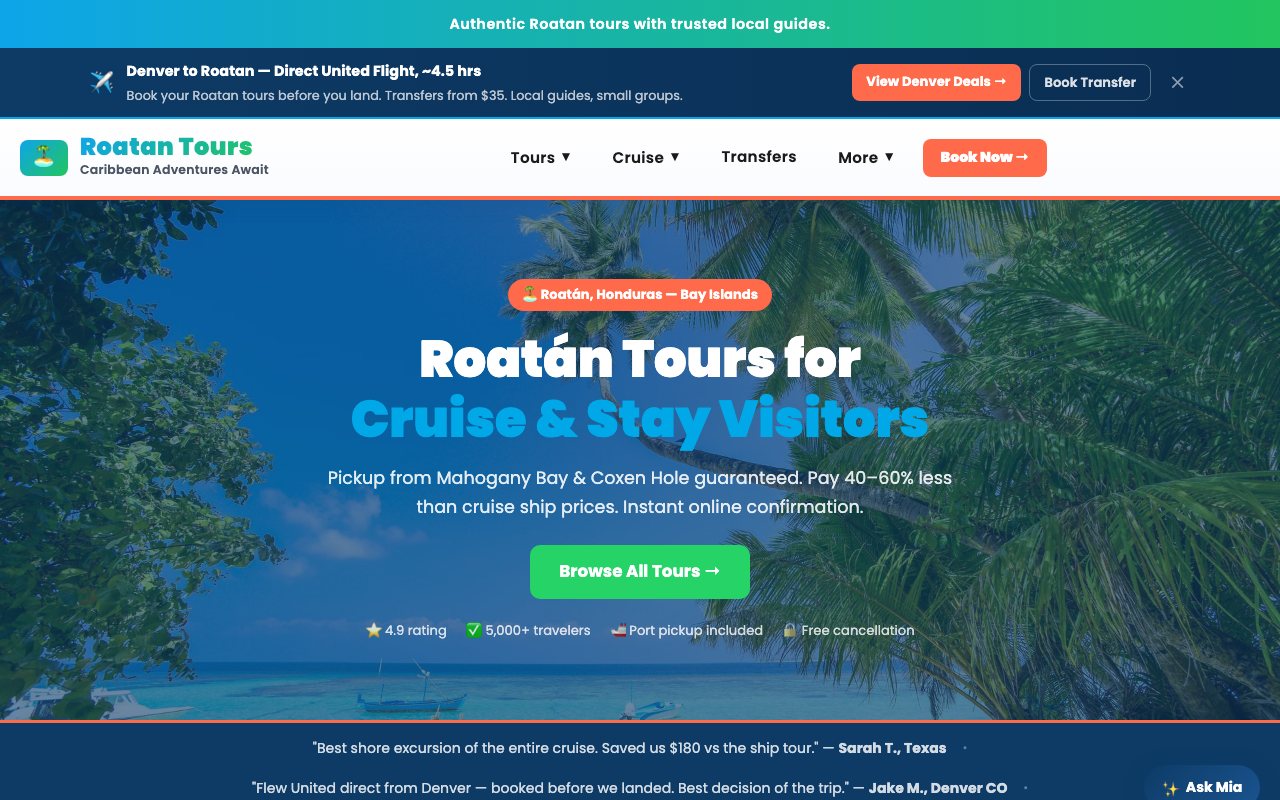 Roatan Tours website homepage